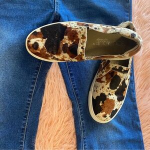 Corkys Brown and Tan Cow Print Slip-Ons